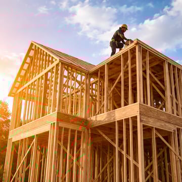 Single-family home under construction with wood framing and builder at work. Single-family home under construction with wood framing and builder at work.