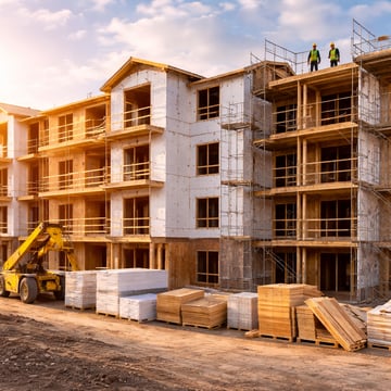 Multifamily apartment building under construction with wood framing and scaffolding. Multifamily apartment building under construction with wood framing and scaffolding.