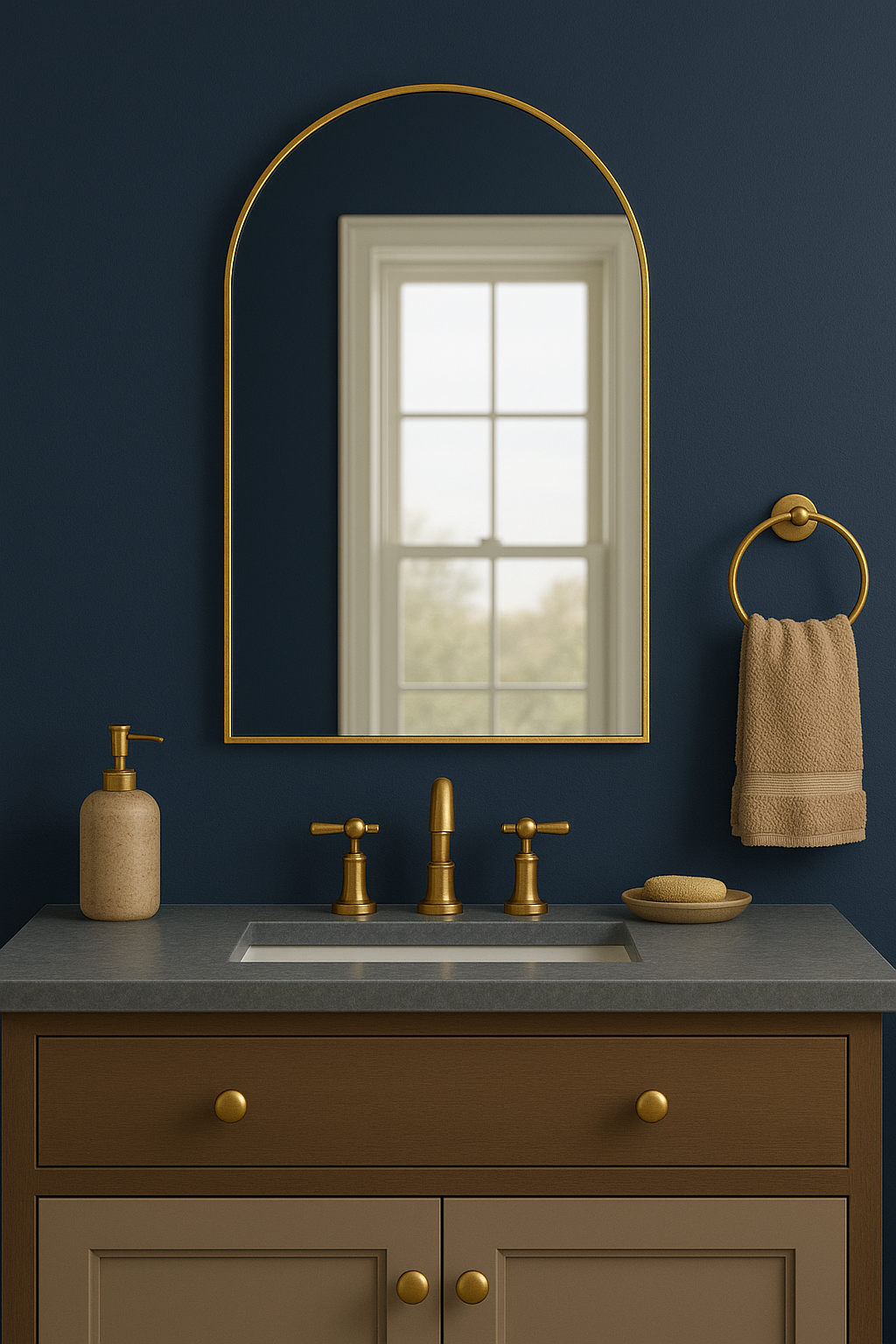 Arched framed bathroom mirror with champagne bronze finish above a modern vanity. Arched framed bathroom mirror with champagne bronze finish above a modern vanity.
